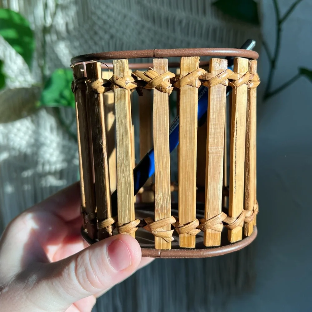 Vintage Bamboo & Rattan Pencil Holder Desk Organizer Wicker Rustic Office Decor